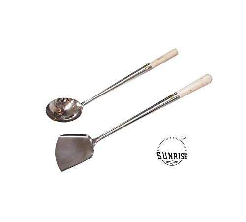 Commercial Grade Wok Shovel & Ladle Set, Wood Handle (
