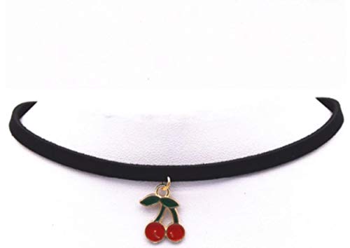 SKEMIX Double Cherry Charm Choker, Black Faux Suede, Enamel Necklace 90s Retro Jewelry