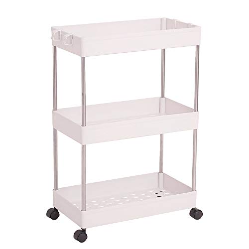 3-Tier Storage Cart Rolling Utility Cart Storage Shelf Rack Mobile Storage Organizer Shelving for Office, Kitchen, Bedroom, Bathroom, Laundry Room & Dressers, Plastic & Stainless Steel,White