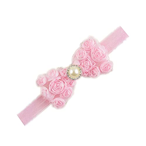 Baby Girls Headbands Lace Rose Bows Pearl Elastic Hair Band Kids with15 colors (-Pink-)