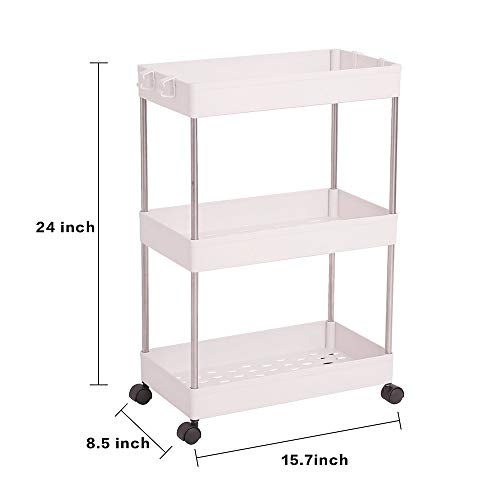 3-Tier Storage Cart Rolling Utility Cart Storage Shelf Rack Mobile Storage Organizer Shelving for Office, Kitchen, Bedroom, Bathroom, Laundry Room & Dressers, Plastic & Stainless Steel,White