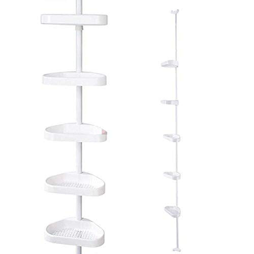 KCHEX 5-Tier White Plastic Tension Bathroom Toilet Corner Shelf Bath Shower Caddy Pole Storage Rack Tower Organizer Basket