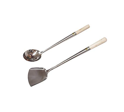 Commercial Grade Wok Shovel & Ladle Set, Wood Handle (