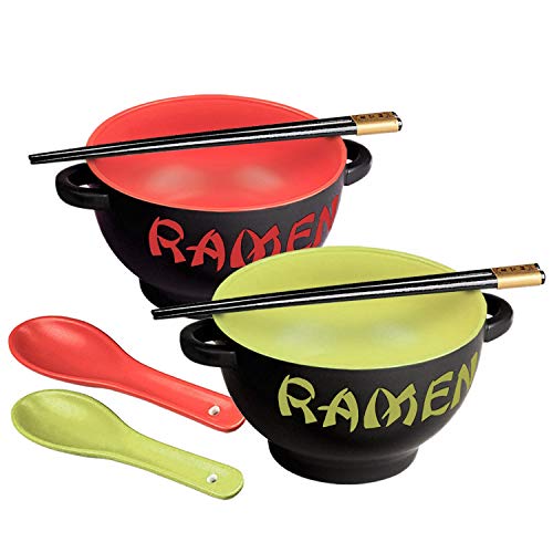 Toysdone Japanese Ceramic Ramen Bowl Set of 2 Noodle Bowl with Soup Spoon and Chopstick Soup Bowls for Noodle, Ramen, Udon, Miso, Thai, Pho Soup 17.5 Ounce Red Dragon and Green Rooster