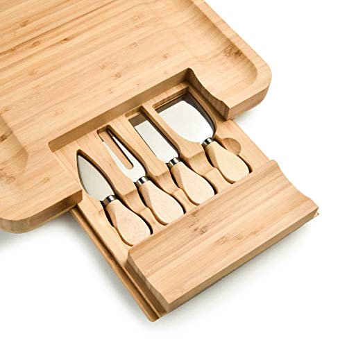 AHXML Bamboo Cheese Board and Knife Set, Wood Charcuterie Platter with Slide-Out Cutlery Drawer, 4 Stainless Steel Knives set, Best for cheese board parties, wedding, housewarming gift