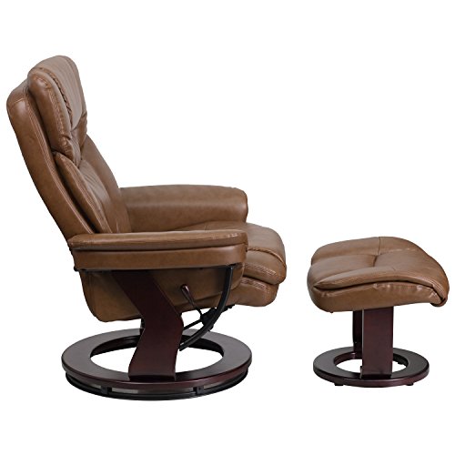 KCHEX Contemporary Palimino Leather Recliner and Ottoman with Swiveling Mahogany Wood Base