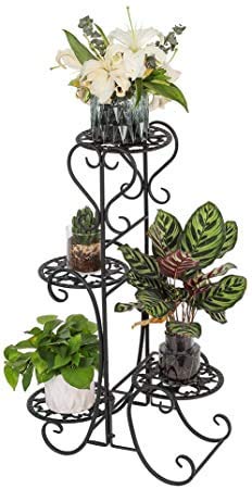 COLIBROX Artisasset 4 Potted Rounded Flower Metal Shelves Plant Pot Stand Decoration for Indoor Outdoor Garden Black