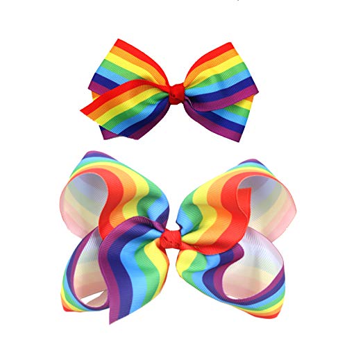 Rainbow Hair Bow with Clip Grosgrain Ribbons HairClips for Girls JB35 (2 Pcs-Set B)