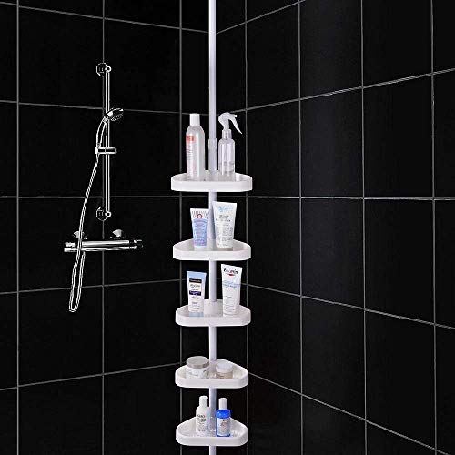 KCHEX 5-Tier White Plastic Tension Bathroom Toilet Corner Shelf Bath Shower Caddy Pole Storage Rack Tower Organizer Basket