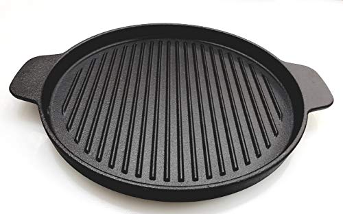 Round Grill Cast Iron Pan W/Rubber Wood Underliner, for Steak, Meat, Fish (9.25" Grill)