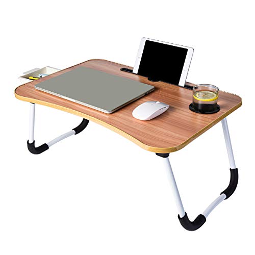 AHXML Laptop Desk, Foldable Portable Lap Standing Desk with Cup Slot and Side Drawer, Breakfast Serving Bed Tray, Reading Holder - Walnut