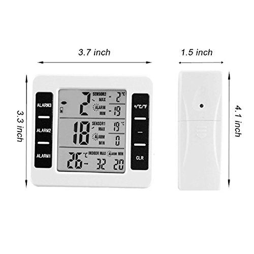 COLIBYOU Refrigerator Thermometer Wireless Digital Freezer Thermometer with 2PCS Wireless Sensors with Audible Alarm for Indoor Outdoor Thermometer (Battery not Included)