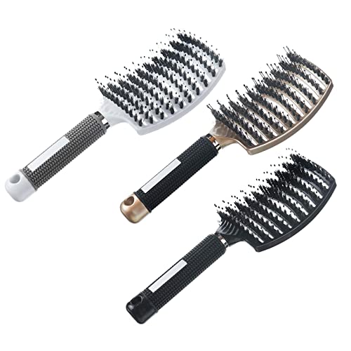 YZDING 3 Pack Boar Bristle Hair Brush, Curved and Vented Detangling Hair Brush For Long, Thick, Thin, Curly & Tangled, Wet & Dry Hair Detangler (Black, White, Gold)