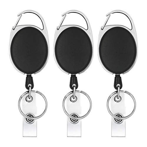 SKEMIX Retractable Badge Reel and Key Chain Ring with Durable Carabiner Belt Clip for ID Card Holder Keychain Black 3 Pack