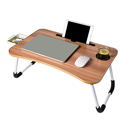 AHXML Laptop Desk, Foldable Portable Lap Standing Desk with Cup Slot and Side Drawer, Breakfast Serving Bed Tray, Reading Holder - Walnut
