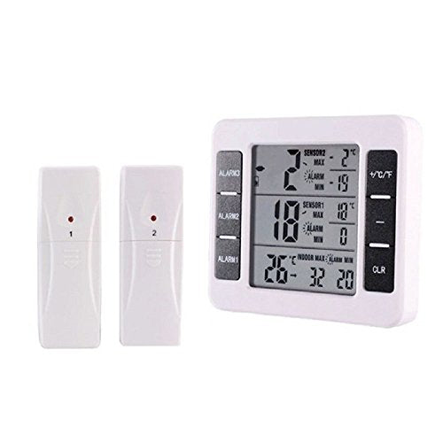 COLIBYOU Refrigerator Thermometer Wireless Digital Freezer Thermometer with 2PCS Wireless Sensors with Audible Alarm for Indoor Outdoor Thermometer (Battery not Included)