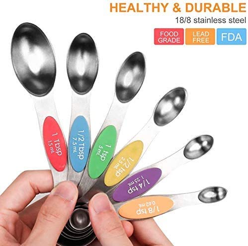 SKEMIX Magnetic Measuring Spoons Set, Stainless Steel, Upgraded Colourful Dual Sided Teaspoon Set, Fits in Spice Jars, Tablespoon Set for Measuring Dry and Liquid Ingredients, Set of 6