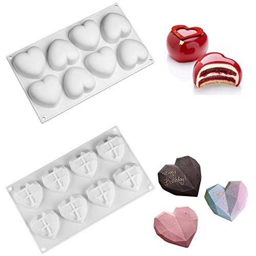 3D Heart Mousse Cake Mold Diamond Heart Shaped Love Silicone Dessert Molds Fondant Cake Baking Pan for Pastry Truffle Pudding Jelly Cheesecake, Love, 2 Pack