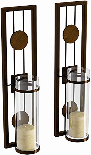 COLIBYOU 2 Piece Brown Tan Candle Holders Metal Sconce Set Modern Contemporary Wall Sconces Candles Warm Romantic Ambiance Elegant Geometric Design Circle Pattern, Iron