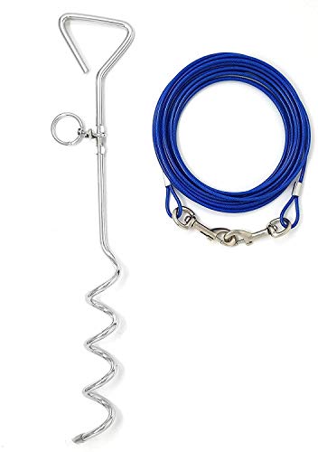 KCHEX Training Solutions Stake and Tie Out Combo for Dogs | 20ft. Cable Leash Pet Tether System Blue | 18" Spiral Stake