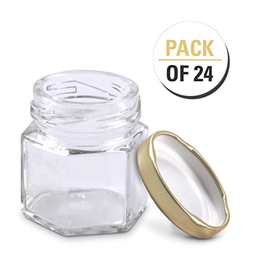 SKEMIX 1.5 oz Hexagon Mini Glass Jars with Gold Lids and Labels (Pack of 24)