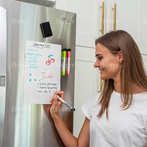 Magnetic Dry Erase White Board Sheet for Refrigerator by GoSupplyWise - Small 12x8 inch Whiteboard Sheet, Eraser and 3 Markers with Magnets - Boards Stick to Fridge-Use Marker for List or Chore Chart