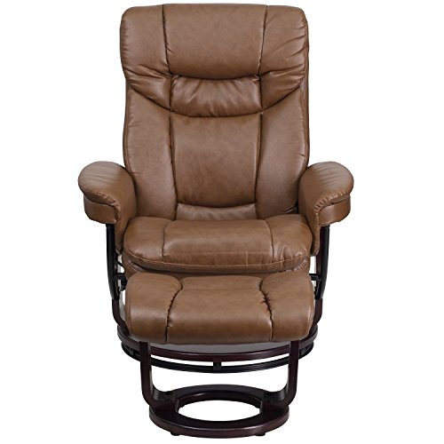 KCHEX Contemporary Palimino Leather Recliner and Ottoman with Swiveling Mahogany Wood Base