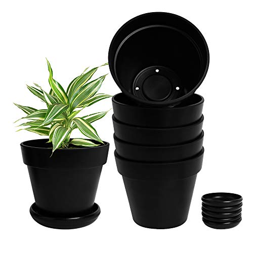 SKEMIX Indoor Flower Plant Pots 6 Inch, 5 Pcs Bamboo Fiber Biodegradable Black Planter Pot with Drainage Holes and Saucers