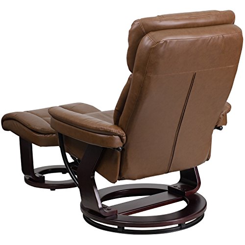 KCHEX Contemporary Palimino Leather Recliner and Ottoman with Swiveling Mahogany Wood Base