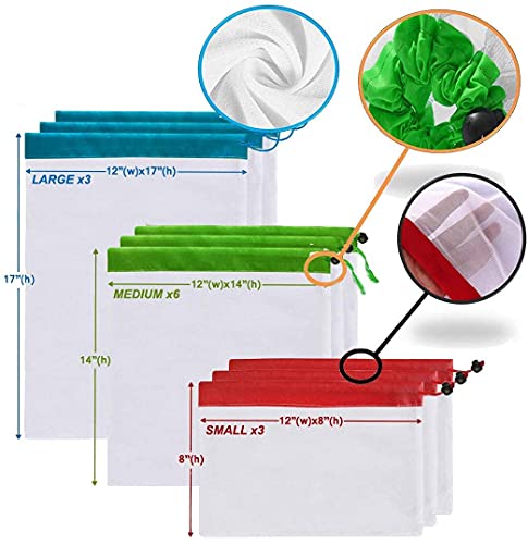 12Pcs Reusable Mesh Produce Bags, Washable Premium Through Lightweight Mesh Bags, Eco Friendly Toy Fruit Vegetable Produce Bags with Drawstrings for Home Shopping Grocery Storage - 3 Various Sizes