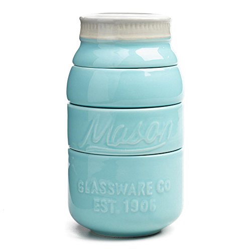 Toysdone Blue Ceramic Mason Jars Measuring Cups - Kitchen Mason Jar - Baking Supplies Dry and Liquid Ingredients - Retro and Farmhouse Decor - Dishwasher and Microwave Safe - Rustic Accessory