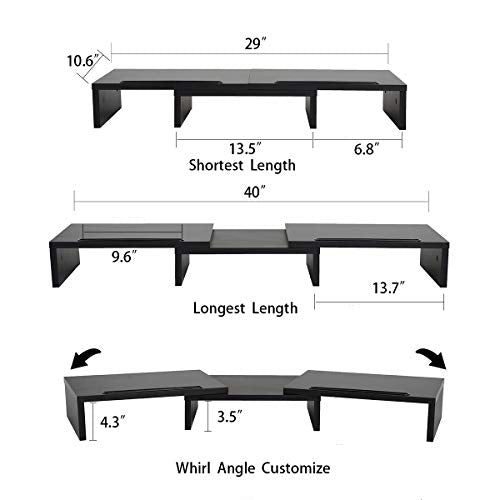 Dual Monitor Stand Riser, 3 Shelf Monitor Stand Riser with Adjustable Length and Angle, 2 Extra Functional Slot Desktop Organizer Stand