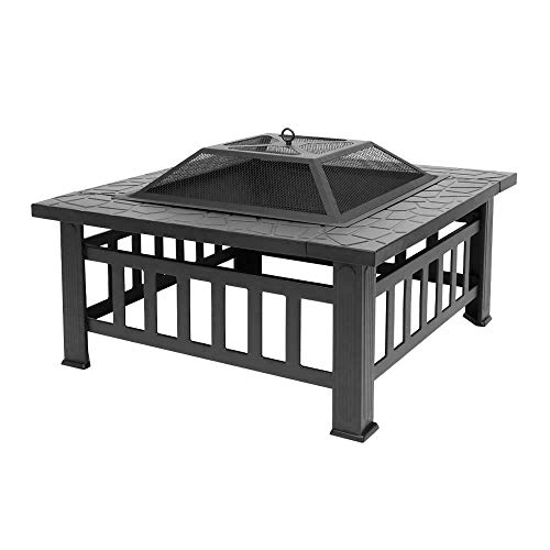 COLIBYOU Outdoor Square Metal Firepit,32" Wood Burning Table,Fireplace Garden Stove BBQ Fire Pit Charcoal Rack with Poker & Mesh Cover for Camping Picnic Bonfire Backyard Terrace Patio,32" L x 32" W x 14" H
