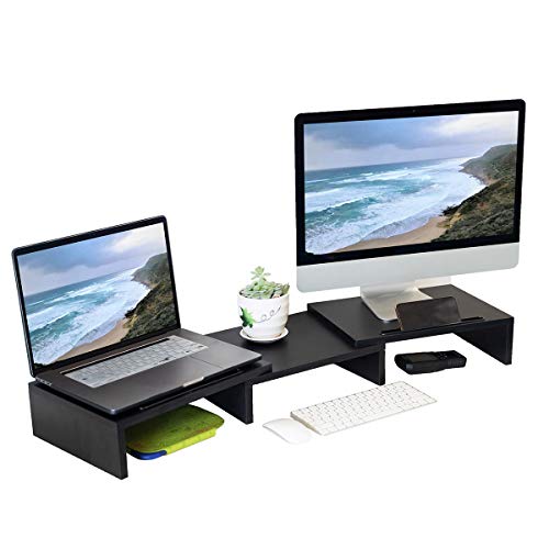 Dual Monitor Stand Riser, 3 Shelf Monitor Stand Riser with Adjustable Length and Angle, 2 Extra Functional Slot Desktop Organizer Stand