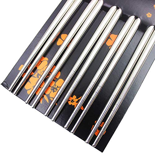 SKEMIX Stainless Steel Chopsticks Set, Reusable Chopsticks Set Include 5 Pairs of Metal Chopsticks, Traditional Oriental Tableware with Modern Spiral Design to Hold