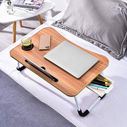 AHXML Laptop Desk, Foldable Portable Lap Standing Desk with Cup Slot and Side Drawer, Breakfast Serving Bed Tray, Reading Holder - Walnut