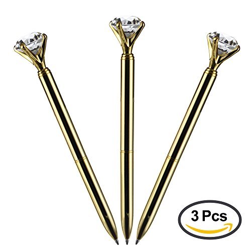 YZDING 3 Pcs Gold Crystal Pen Big Diamond ，Metal Ballpoint Pen School Office Supplies, Black Ink