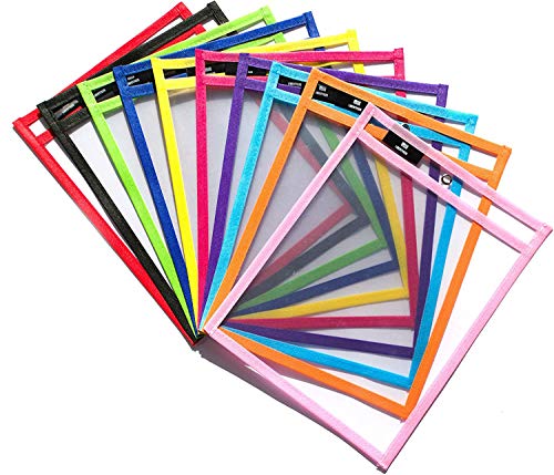 COLIBYOU Dry Erase Pockets 10 x 13 Oversized and Reusable + 10 Colored Markers with Erasers, Marker Holder, Centered Metal Eyelet on Each Pocket - Assorted Colors (10 Pack)