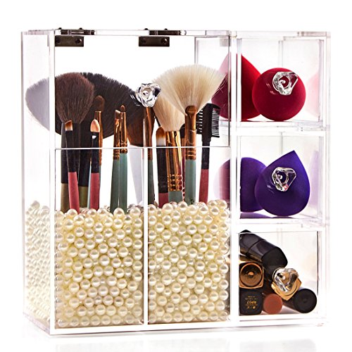 SKEMIX Clear Acrylic Makeup Organizer with 2 Brush Holders and 3 Drawers, Bathroom Cosmetic Storage Display Box with Free Pearls (white).