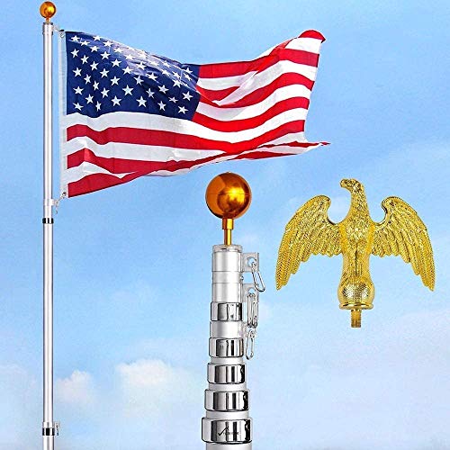 COLIBYOU 30 Feet Tall Telescopic 16 Gauge Aluminum Flagpole w/Golden Eagle Top Pole Finial + Gold Ball Finial 3'x5' US Flag Kit Fly 2 Flags