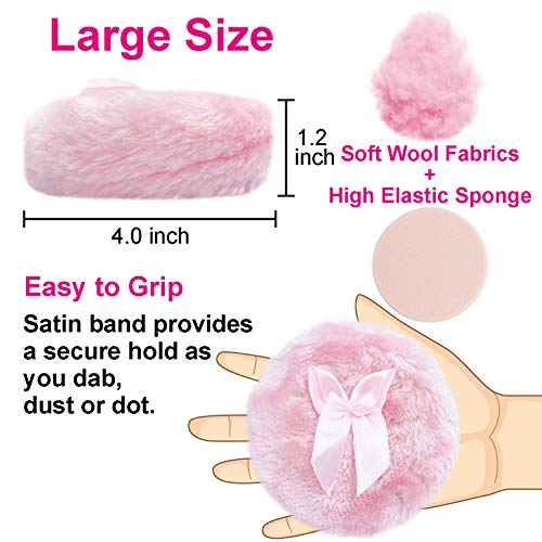 Toysdone 4 Inch Large Body Powder Puff, Soft and Furry Puff with Ribbon Handle, Set of 2 (Pink)