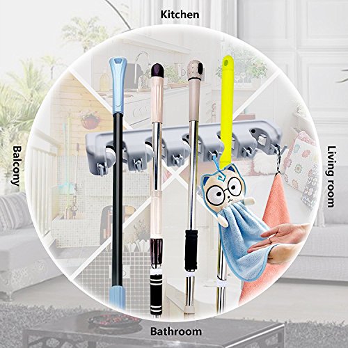 SKEMIX Mop Broom Holder Wall Mounted Commercial Organizer Storage Rack 5 Position with 6 Hooks Holds Up to 11 Tools for Kitchen Garden and Garage,Laundry Offices