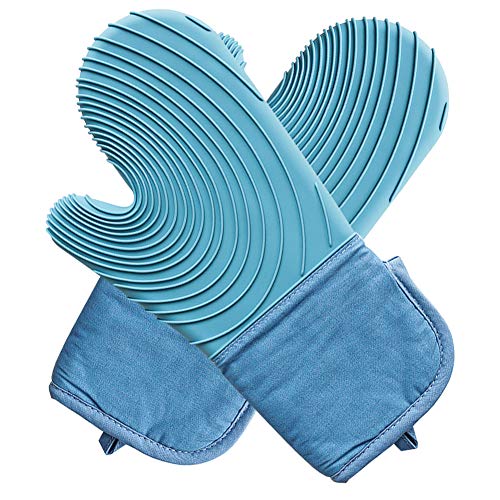 Honglida Silicone Oven Mitts Baking Oven Gloves High Temperature Resistance Heat Insulation Anti-Scalding 2-Piece Silicone KitchenThickened Non-Slip Gloves (Light Blue)