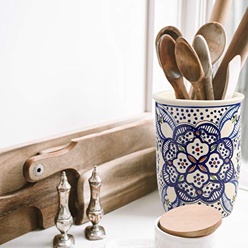 Toysdone Tunis Utensil Caddy - Utensil Crock Utensil Organizer - Ceramic Utensil Holder Large Sturdy Hand Crafted and Painted Blue and white North African Design - Kitchen Cooking Utensil Holders