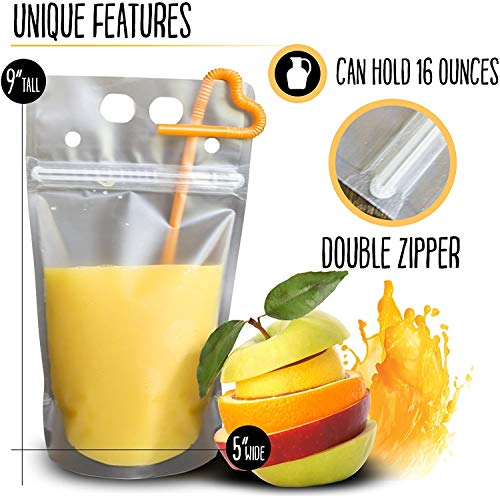 KCHEX 100 Pcs Double Zipper Plastic Clear Drink Pouches with Straw, No Leakage Drink Reusable Juice Bags, Stand up Disposable Drink Pouch Smoothie Bag for Freezing Juice, Heavy Duty Plastic, BPA Free