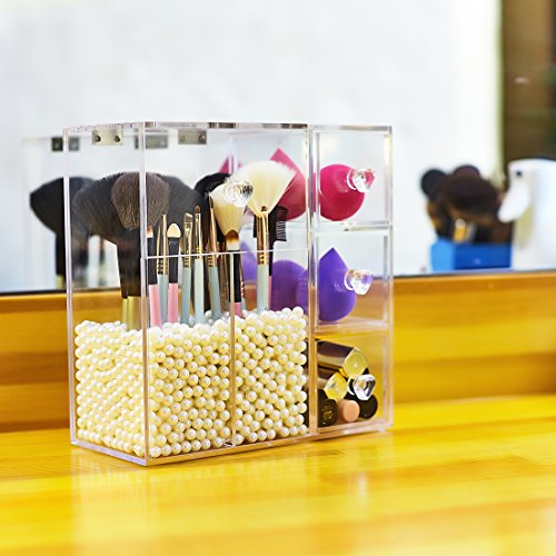 SKEMIX Clear Acrylic Makeup Organizer with 2 Brush Holders and 3 Drawers, Bathroom Cosmetic Storage Display Box with Free Pearls (white).