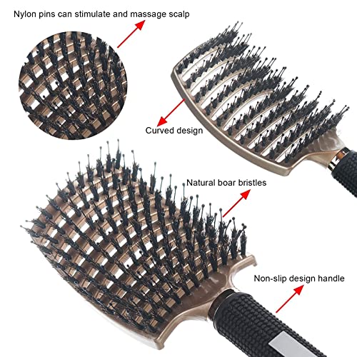 YZDING 3 Pack Boar Bristle Hair Brush, Curved and Vented Detangling Hair Brush For Long, Thick, Thin, Curly & Tangled, Wet & Dry Hair Detangler (Black, White, Gold)