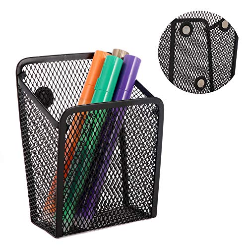 SKEMIX Magnetic Pencil Holder, Mesh Storage Basket Metal Organizer with Strong Magnet, Marker/Pen Cup for Whiteboard, Refrigerator, Locker Accessories, Office Supplies (Black)