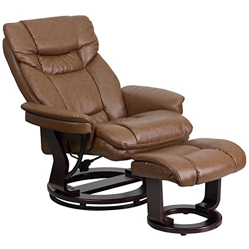 KCHEX Contemporary Palimino Leather Recliner and Ottoman with Swiveling Mahogany Wood Base