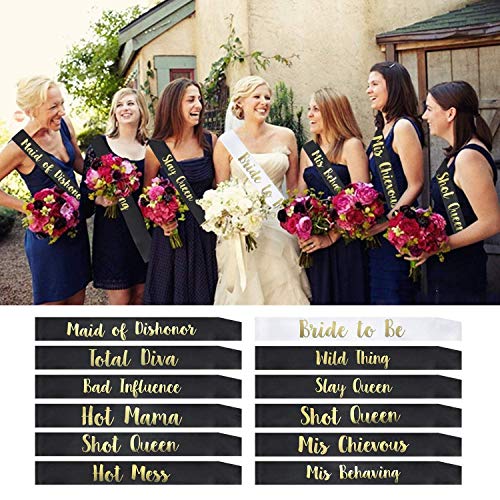 YZDING 12 Pcs Bride to Be Sash Bachelorette Party Decorations- Unique Bride and Bridesmaid Sashes for Bachelorette Party (Black, Gold Letters)